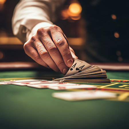 casino, gambling, entertainment and people concept - close up of poker player hand with playing cards at green casino tableの素材