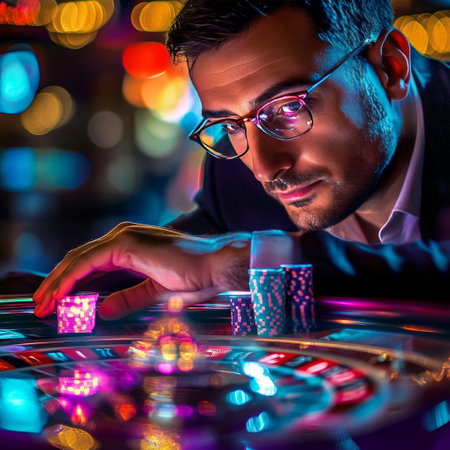 Young man playing roulette at night club. Gambling and casino concept.の素材