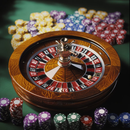 Casino roulette wheel with chips and cards on green table.の素材