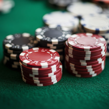 Poker chips on green casino table, shallow depth of field.の素材