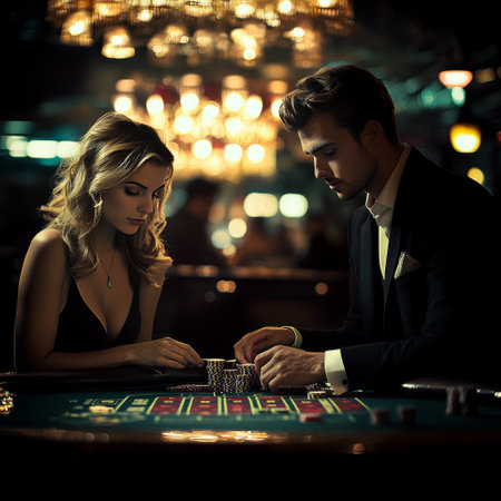 Couple playing roulette at the casino. Bokeh background.の素材