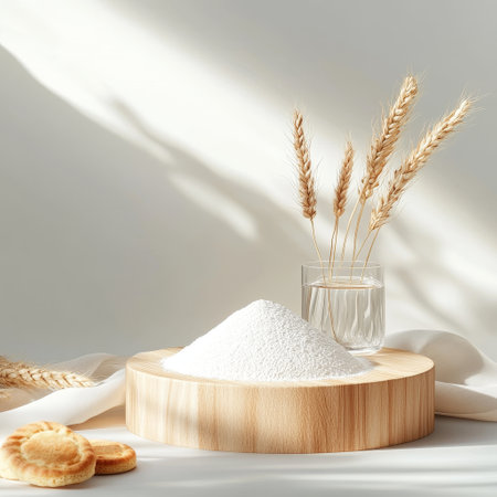 Spa still life with a glass of water, salt, cookies and ears of wheat on a white backgroundの素材