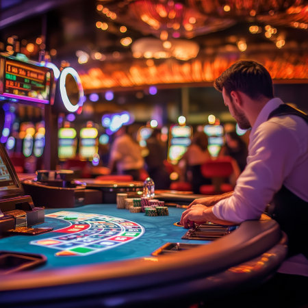 Young man playing roulette in casino. Gambling and entertainment conceptの素材