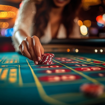 Woman playing roulette in casino. Close-up of female hand and red chips.の素材