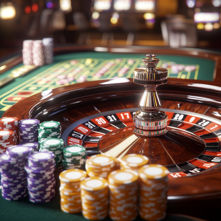 Casino roulette table with chips and cards. 3d renderの素材