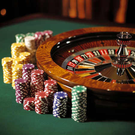 Casino roulette wheel and chips on green table, closeupの素材