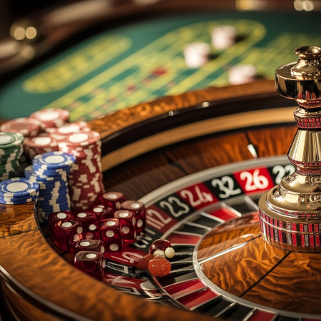 Casino theme. Close up of roulette wheel and chips.の素材