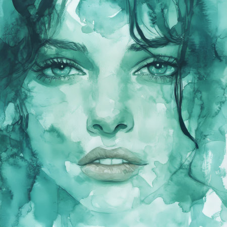 Beautiful woman face with green watercolor background. Digital art painting.の素材