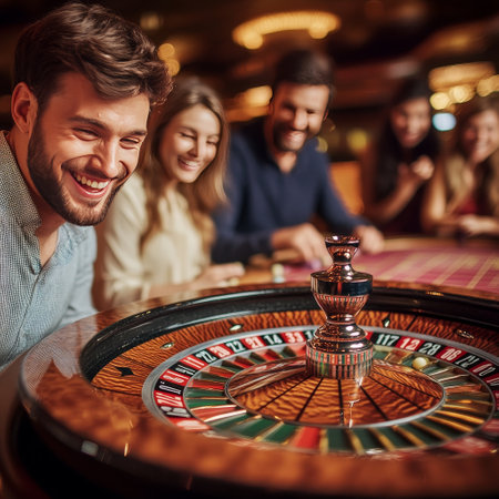 Couple playing roulette in casino. Gambling, casino, entertainment and people concept.の素材