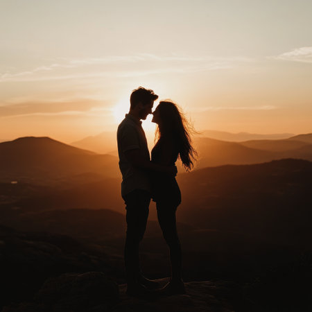 Silhouette of young couple kissing on top of a mountain at sunsetの素材