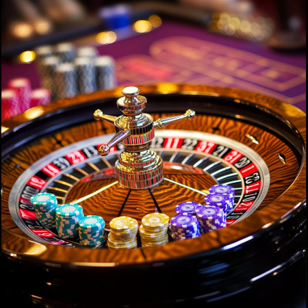 Casino roulette wheel and chips on table in casino. Gambling gamesの素材