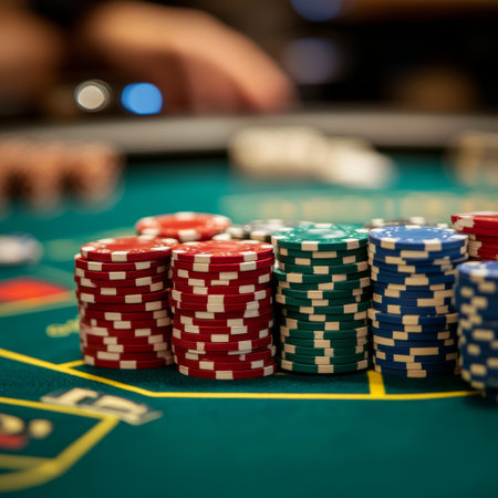 Casino gambling chips on green table in casino. Gambling conceptの素材