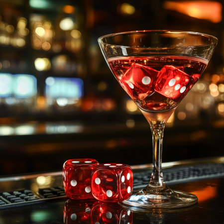 Red dice in a martini glass on a bar counter with a blurred backgroundの素材