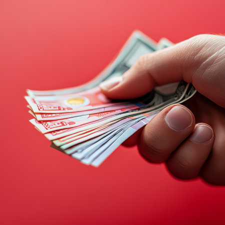 Hand holding money, close-up, isolated on red background.の素材