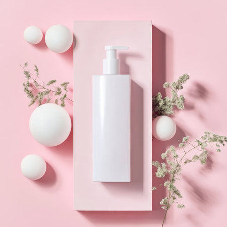 White cosmetic bottle mockup on pink background with dry flowers. Flat lay, top viewの素材