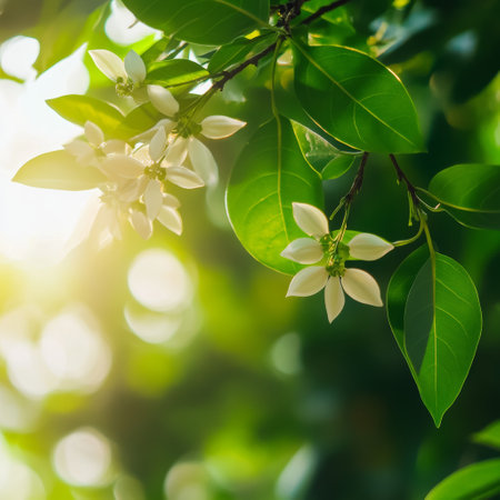 Close up of white jasmine flower with green leaf background.の素材