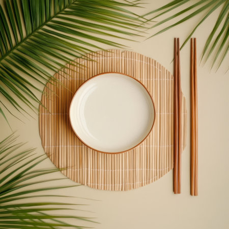 Empty plate and chopsticks with tropical palm leaves on beige background. Flat lay, top viewの素材