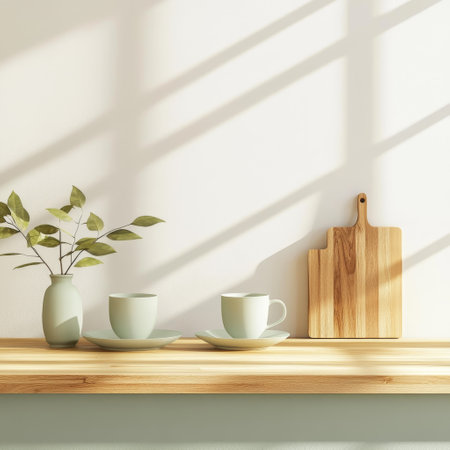 Kitchen countertop with two coffee cups, cutting board and plant in vase. 3d renderの素材