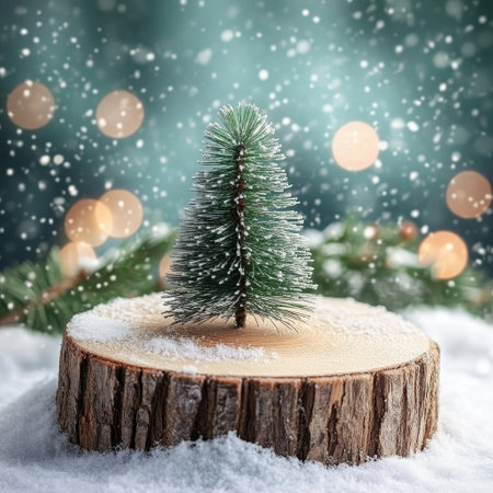 Christmas tree on a wooden stump in the snow with bokehの素材