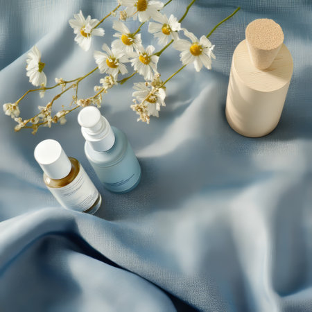 cosmetic cream and chamomile flowers on blue silk backgroundの素材