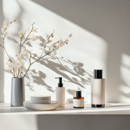 Mockup of cosmetic products on a white shelf. 3d renderingの素材