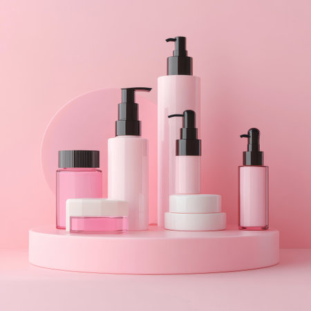 Cosmetic bottles on pink podium. 3d render. Beauty conceptの素材