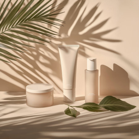 Skin care products on beige background with palm leaves shadows. Sun protection conceptの素材