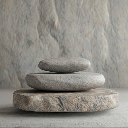 3d render of a stack of stones on a gray concrete backgroundの素材