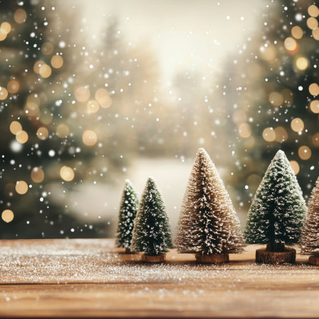 Christmas background with fir trees, snowflakes and bokehの素材