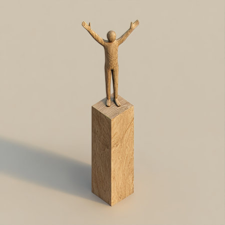 Wooden man standing on wooden cube. 3D render image.の素材