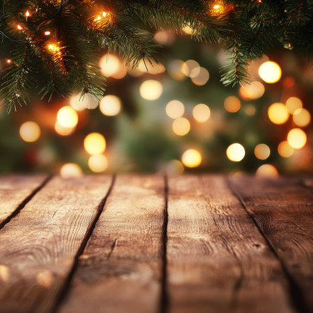 Christmas background with bokeh defocused lights and wooden planksの素材