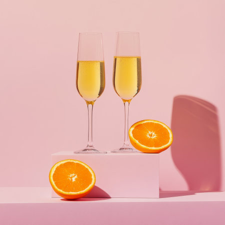Two glasses of champagne and an orange on a stand on a pink background.の素材