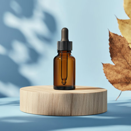 Amber glass dropper bottle mockup on wooden podium with autumn leaves. 3d renderingの素材