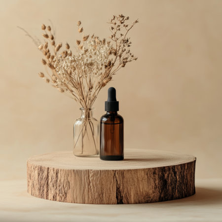 Mockup of brown glass dropper bottle with pipette and dried flowers on round wooden podium.の素材