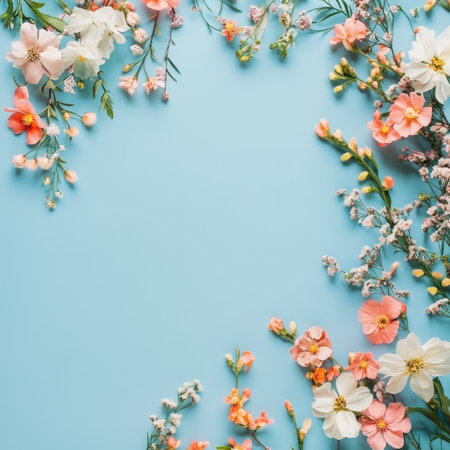 Flowers composition. Frame made of flowers on blue background. Flat lay, top view, copy spaceの素材
