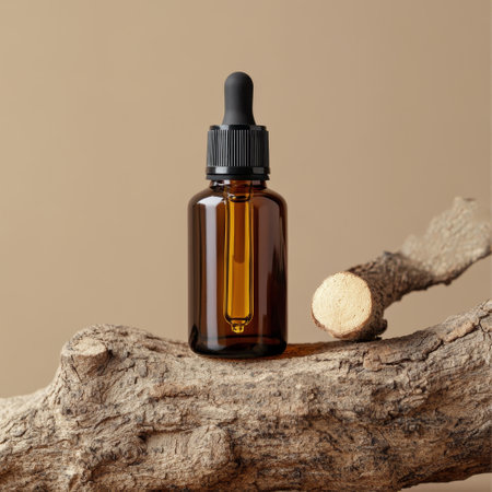 Amber glass dropper bottle with pipette on wood. Natural cosmetic concept.の素材