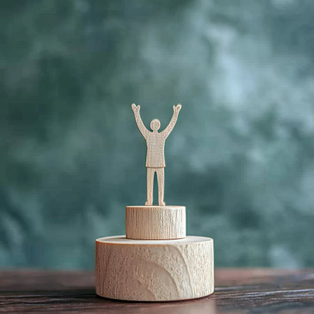 Wooden figure of a man standing on a podium in front of a chalkboardの素材