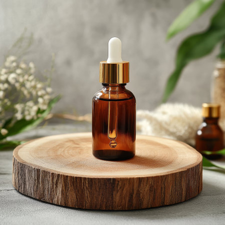 Amber glass dropper bottle with pipette on round wooden stand. Natural cosmetic product.の素材