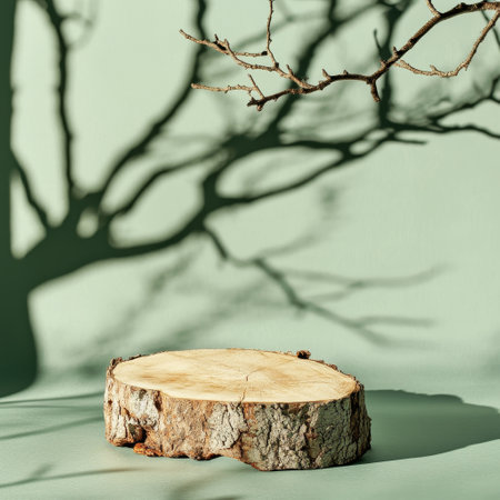 Wooden stump on green background with shadow of tree. 3d renderの素材