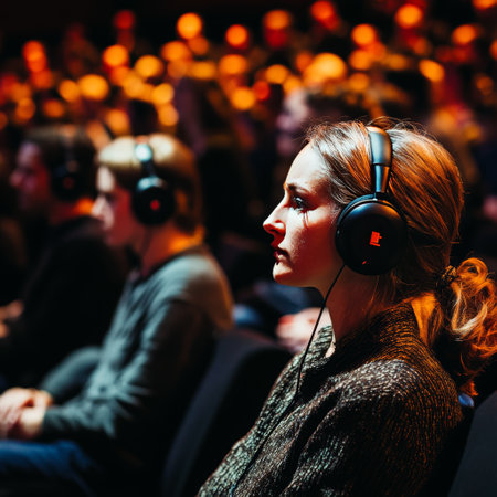 Young woman with headphones listening to music at a concert in the theaterの素材