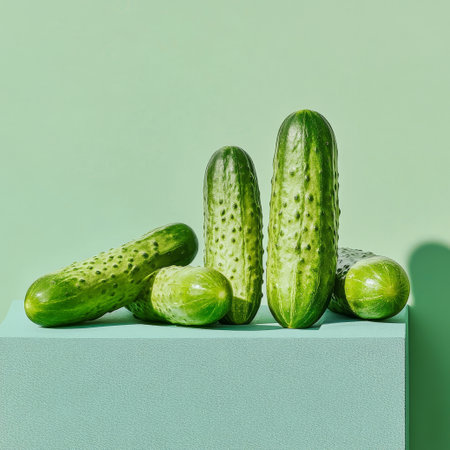 Cucumbers on a green background. Minimalistic still life.の素材