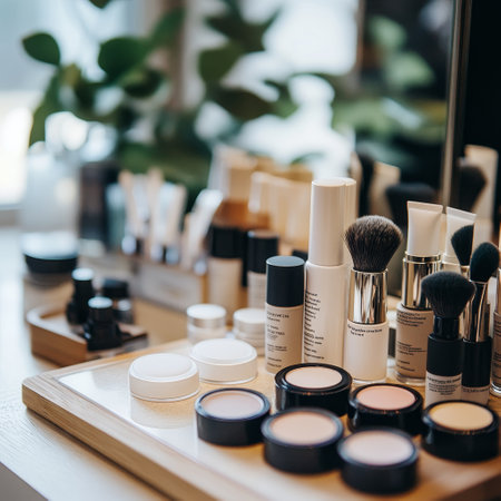 Cosmetic products on a shelf in a beauty salon. Selective focus.の素材