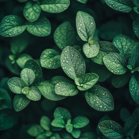 Green leaves background. Top view, flat lay, copy space.の素材