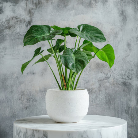 Houseplant in a white pot on a white marble table against a gray wallの素材
