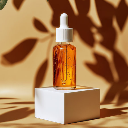 Cosmetic bottle with pipette on white podium and shadow of leavesの素材