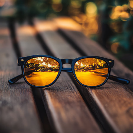 Sunglasses on a wooden table in the garden. Selective focus.の素材