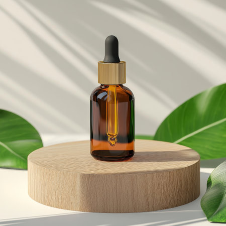 3d render of brown glass dropper bottle with pipette on wooden podium with tropical leaves backgroundの素材