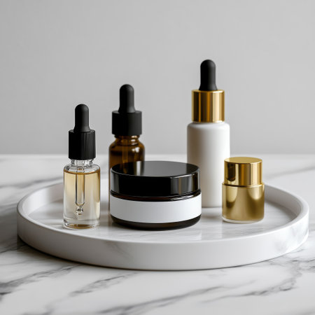 collection of cosmetic bottles on white marble table, beauty and spa conceptの素材