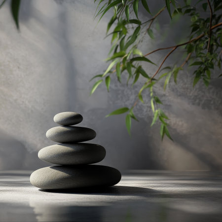 zen stones on a gray background, 3d render, square imageの素材