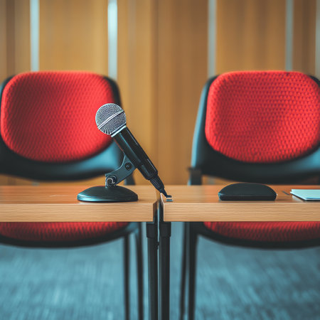 Microphone on table in conference room or seminar room. 3D renderingの素材